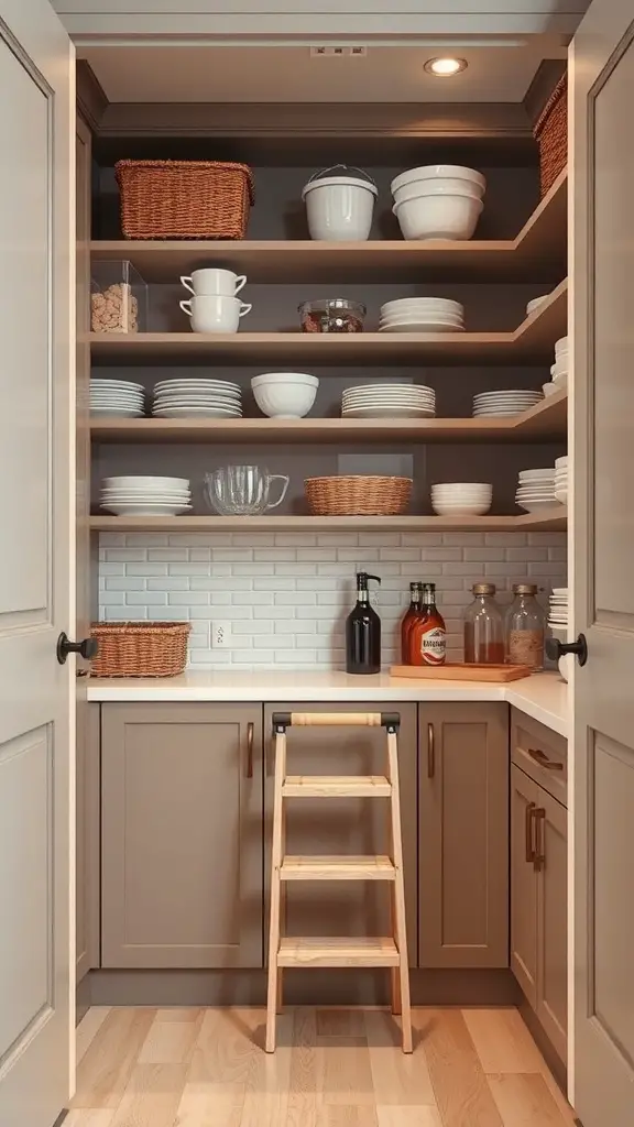 19+ Creative Small Corner Pantry Ideas to Maximize Your Space 7 A small corner pantry with high shelves and a wooden ladder for easy access.