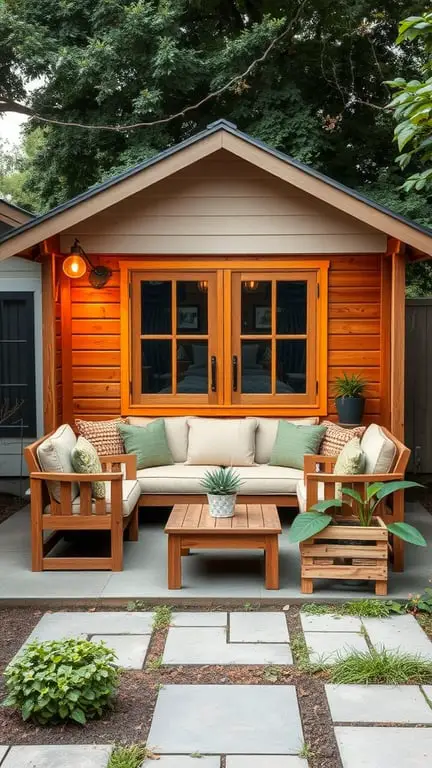 15 Creative DIY Shed Plans for Your Backyard Oasis 7 A cozy backyard shed with wooden exterior, large windows, and a comfortable seating area.