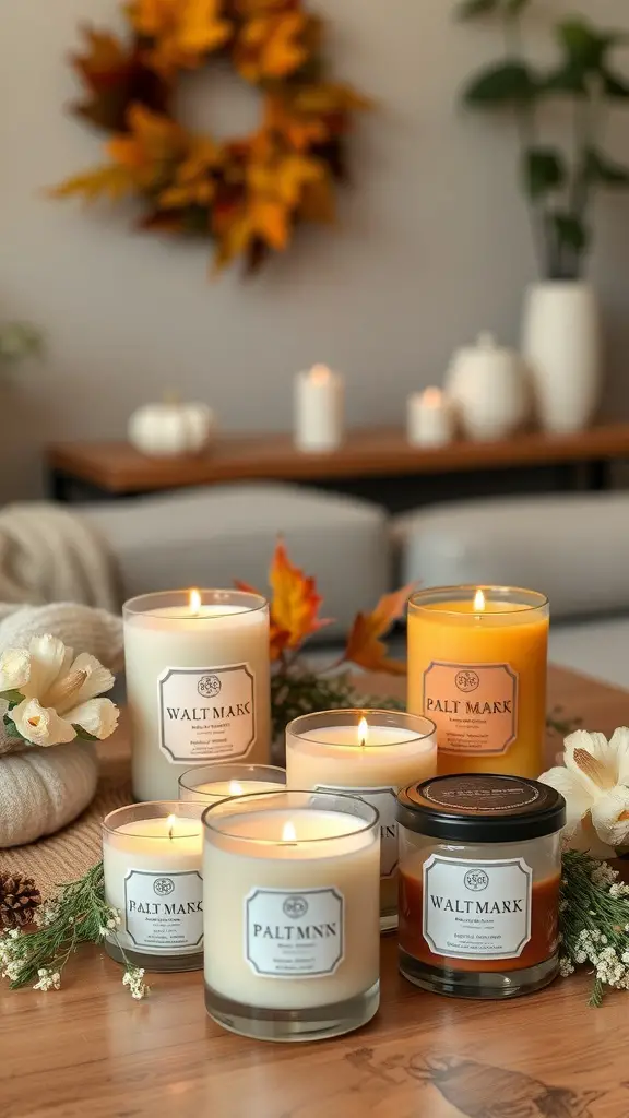 A collection of autumn-themed candles surrounded by decorative elements like leaves and pumpkins.