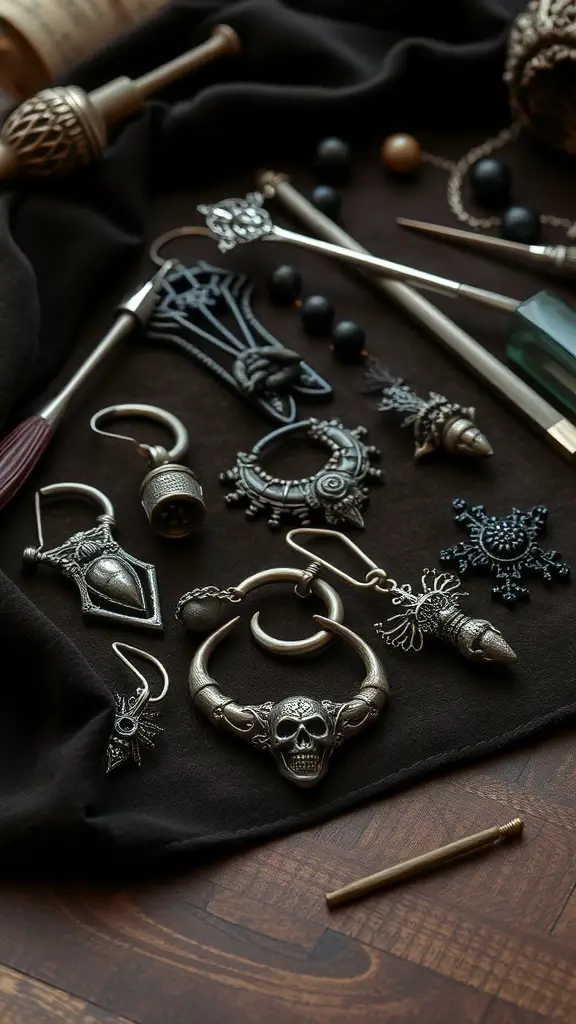 21+ Spooky and Creative Halloween Crafts for Adults 15 An assortment of macabre jewelry pieces including skulls, intricate designs, and various charms on a dark fabric background.