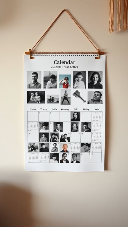 15 Creative Ways to Store and Display Old Photos 15 A personalized calendar featuring various black-and-white photos, hanging on a wall.