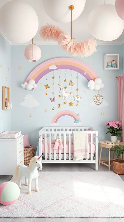 27+ Whimsical Baby Nursery Ideas for a Dreamy Space 17 A whimsical nursery featuring a rainbow arch, unicorn decorations, and soft pastel colors.