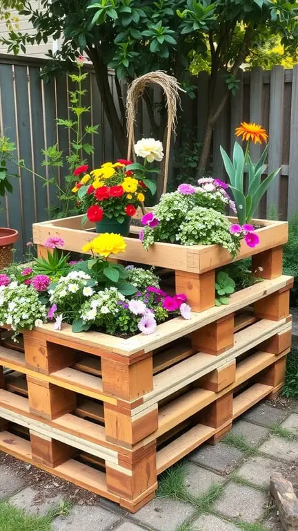 19+ Stunning Tiered Garden Ideas to Elevate Your Outdoor Space 6 A tiered wooden pallet garden filled with colorful flowers.