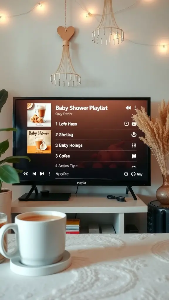 17 Creative Coffee Baby Shower Ideas You’ll Love 16 A cozy setup featuring a TV displaying a baby shower playlist, with a cup of coffee in the foreground.