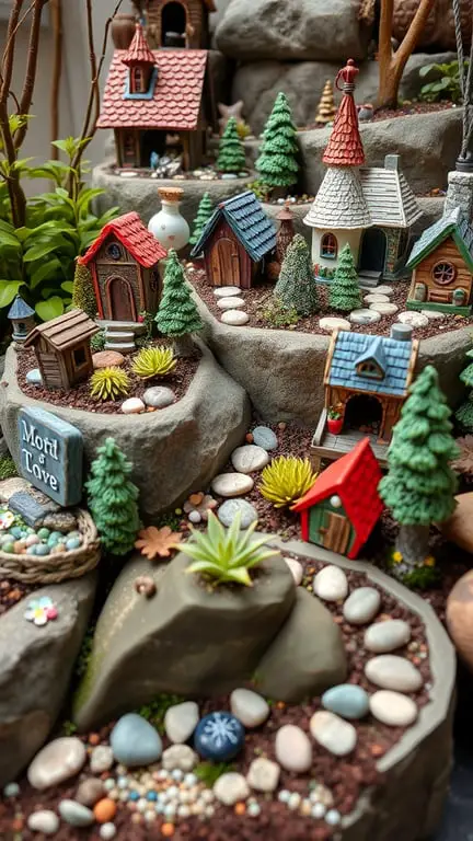 19+ Stunning Tiered Garden Ideas to Elevate Your Outdoor Space 8 A multi-level fairy garden with colorful miniature houses, trees, and pebbled pathways.