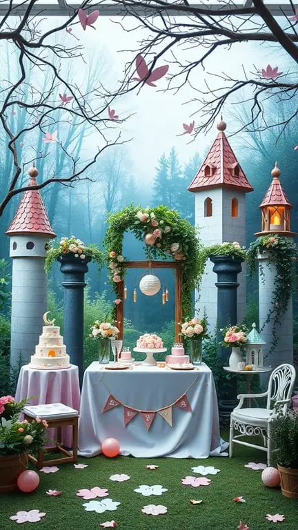 19+ Creative Baby Shower Themes to Celebrate February Babies 9 A beautifully decorated fairy tale themed baby shower setup featuring castle towers, floral arrangements, and a cake.