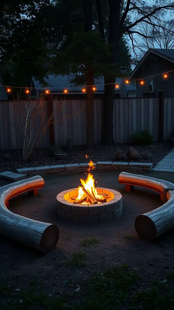 23+ Enchanting Cottage Core Backyard Ideas to Transform Your Outdoor Space 15 A cozy rustic fire pit area with log benches and a stone fire pit, illuminated by string lights.