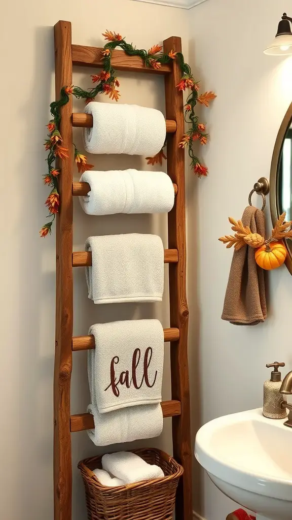 21+ Charming Fall Bathroom Decor Ideas to Transform Your Space 12 Rustic ladder in a bathroom with towels and fall decorations.