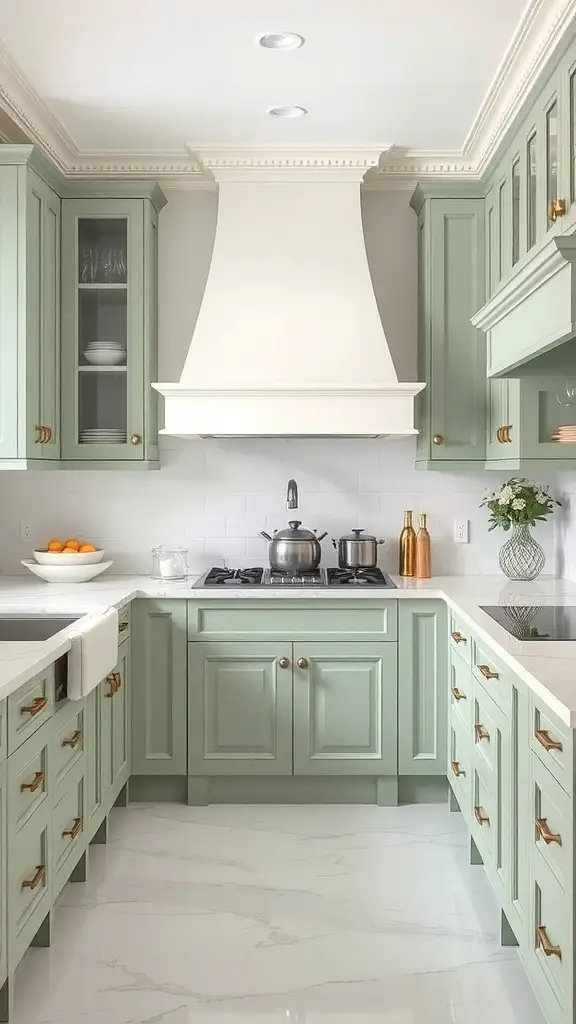 29+ Stunning Sage Green Kitchen Ideas to Transform Your Space 11 A kitchen featuring sage green cabinets and white countertops, with gold hardware.