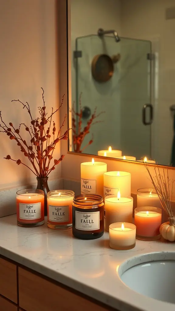 27+ Cozy Fall Bathroom Decor Ideas to Refresh Your Space 5 A cozy bathroom countertop decorated with various scented candles labeled 'Fall', surrounded by dried branches and small pumpkins.
