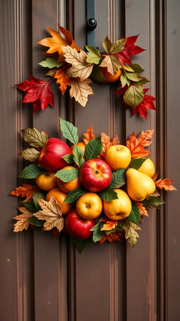 19+ Creative DIY Fall Door Hanger Ideas to Welcome the Season 15 A colorful fall fruit arrangement with apples, pears, and autumn leaves hanging on a door.