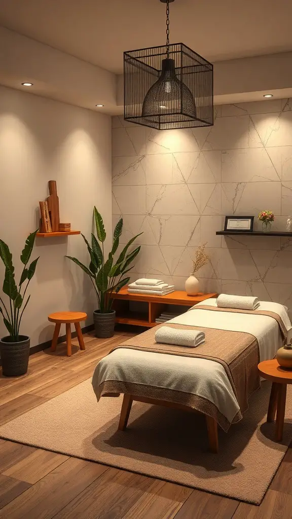 A serene massage room with a massage table, plants, and warm lighting.