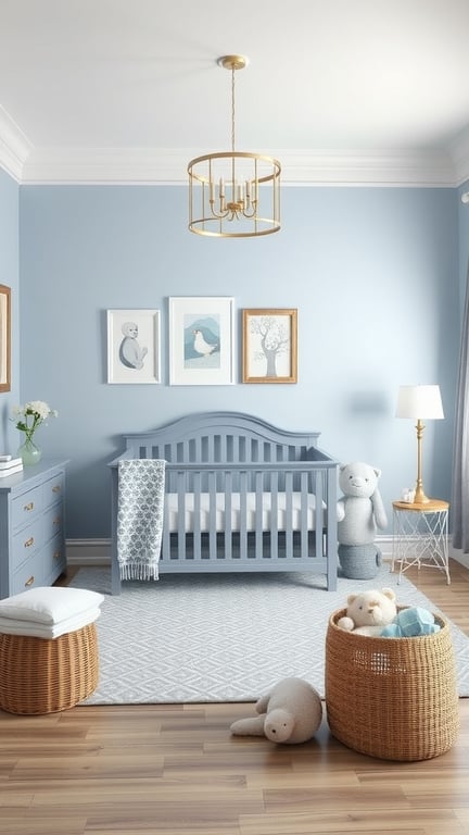 27+ Adorable Baby Nursery Ideas for Boys 9 A baby nursery featuring a classic blue and gray palette with a crib, decorative items, and natural light.