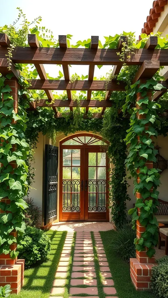 A shaded pergola covered with climbing vines, leading to a wooden door, with a brick pathway and green grass.