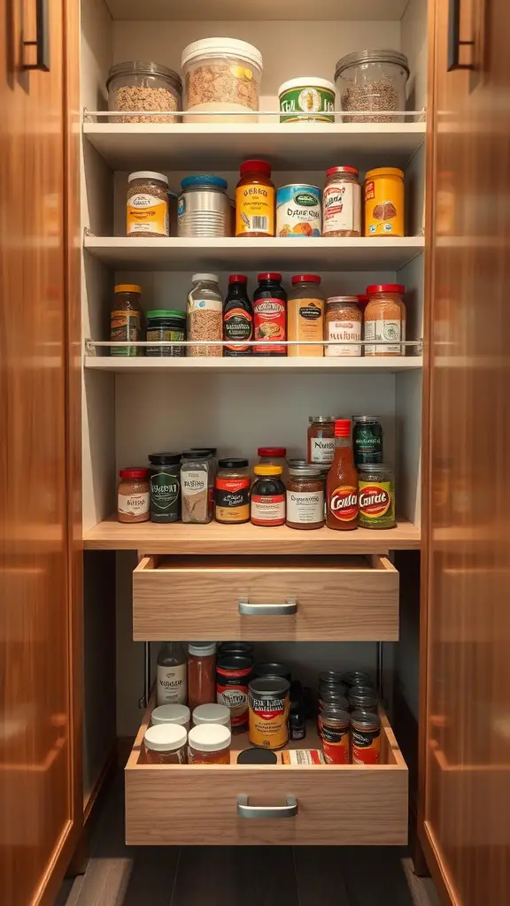 25+ Creative Corner Kitchen Pantry Ideas You’ll Love 5 A corner kitchen pantry with shelves and pull-out drawers, showcasing organized jars and spices.