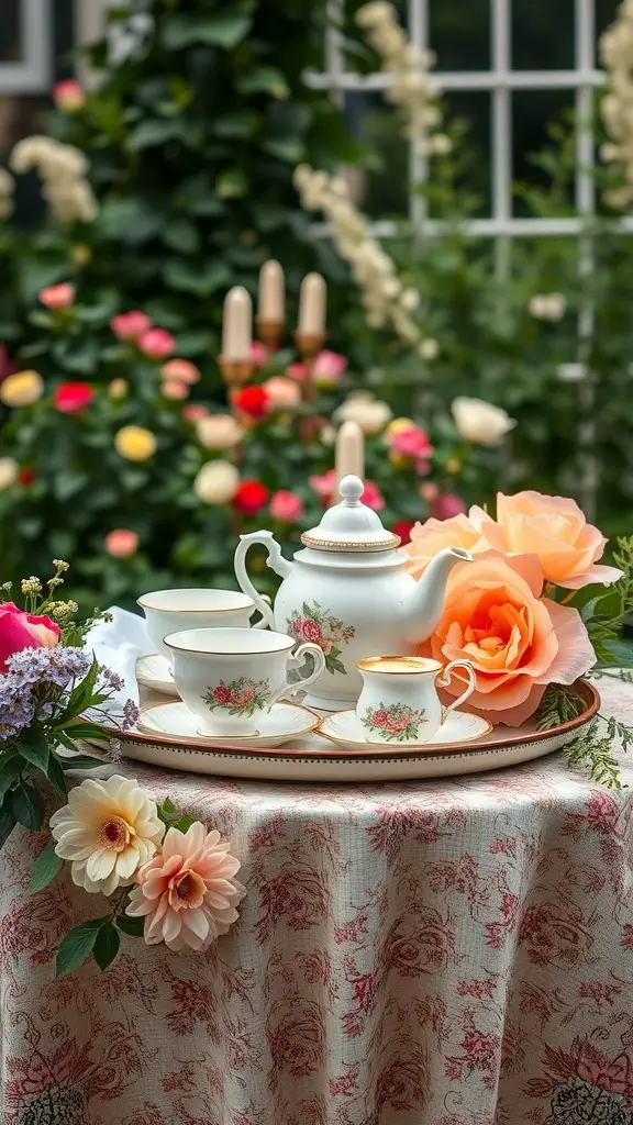 23+ Enchanting Cottage Core Backyard Ideas to Transform Your Outdoor Space 5 A vintage tea set with floral designs on a table, surrounded by colorful flowers in a backyard.