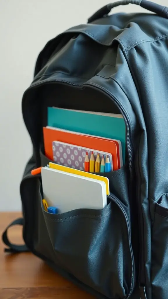 A well-organized backpack with notebooks and stationery visible