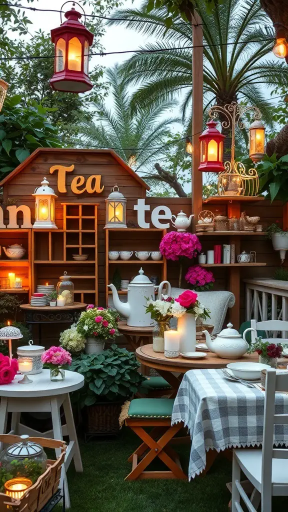21+ Delightful Garden Tea Party Ideas for Your Next Event 10 A charming garden tea party setup with lanterns, flowers, and tea sets.