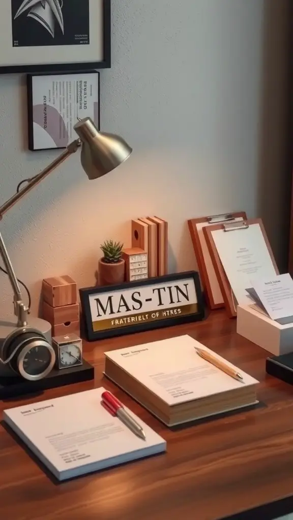 15 Must-Try Desk Organization Ideas for a Tidy Workspace 8 A well-organized desk featuring personalized accessories like a nameplate, notebooks, and decorative storage.