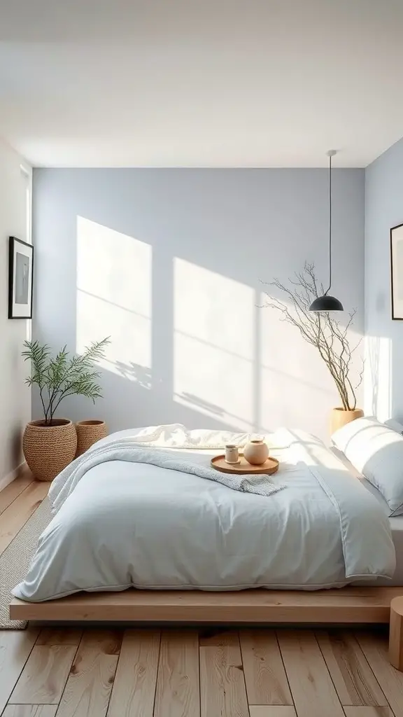 A serene blue and white bedroom with natural light, wooden floor, and potted plants.