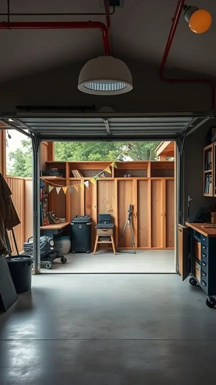 19+ Ultimate Garage Man Cave Ideas You Need to See 13 Interior view of a garage man cave with an open door leading to an outdoor space.