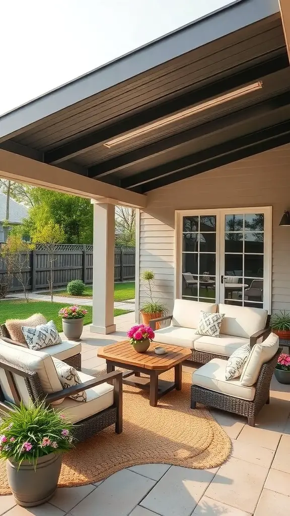23+ Creative Patio Roof Extension Ideas You’ll Love 16 Cozy patio with vinyl roof cover, comfortable seating, and vibrant plants
