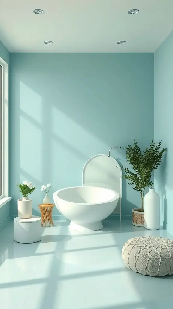 23+ Cozy Small Facial Room Ideas for a Relaxing Retreat 14 A small facial room with soft blue walls, white fixtures, and plants, creating a calming atmosphere.