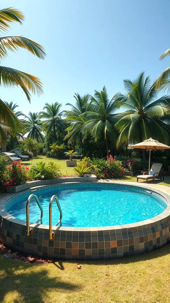 17+Creative Sunken Above Ground Pool Ideas for Your Backyard 16 A sunken above ground pool surrounded by palm trees and colorful flowers