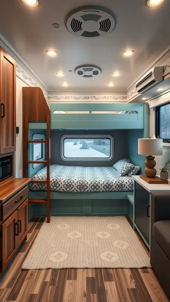 23 Creative Camper Bunk Bed Ideas for Your Next Adventure 13 Cozy camper interior featuring a bunk bed with a ladder, warm wood tones, and a calming color scheme.