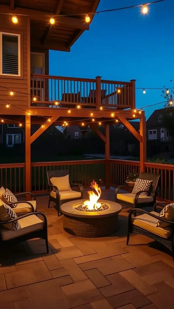 19+ Stunning Decks with Patios Underneath for Your Outdoor Oasis 9 A cozy outdoor space featuring a fire pit surrounded by chairs under a deck, illuminated by string lights.