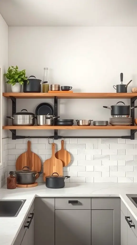 23+ Genius Ways to Organize Your Pots and Pans Storage 10 Modern kitchen with wooden shelves displaying pots and pans above the countertop.
