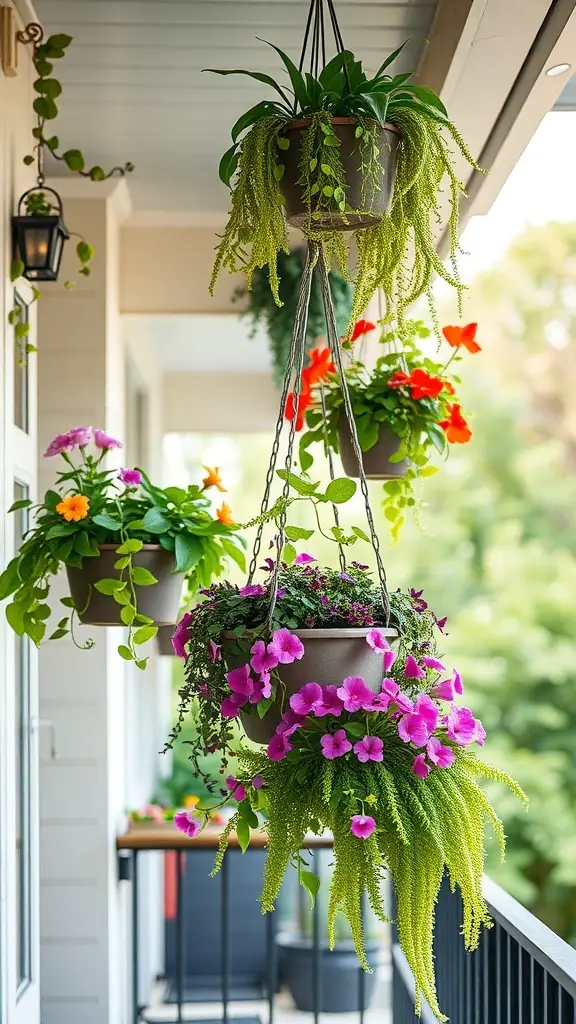 21+ Creative Balcony Privacy Ideas You’ll Love 3 Hanging planters with colorful flowers and greenery on a balcony