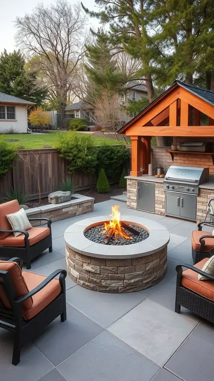 21+ Stunning Firepit Backyard Landscaping Ideas You’ll Love 17 A cozy backyard featuring a firepit surrounded by chairs and an outdoor kitchen with a grill.