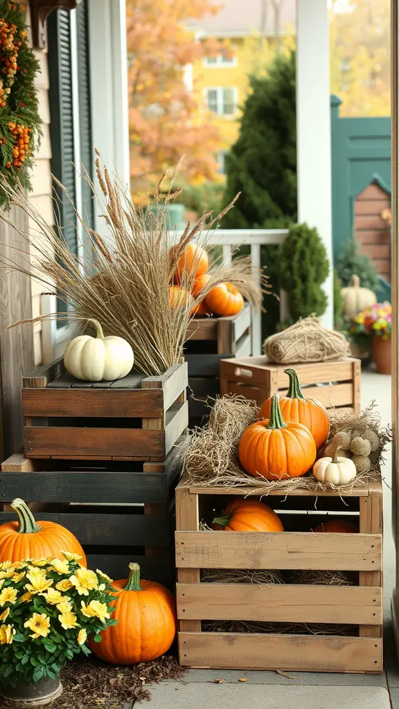 27+ Cozy Fall Porch Decorating Ideas to Try This Season 7 Rustic wooden crates filled with pumpkins and decorative elements on a fall porch.