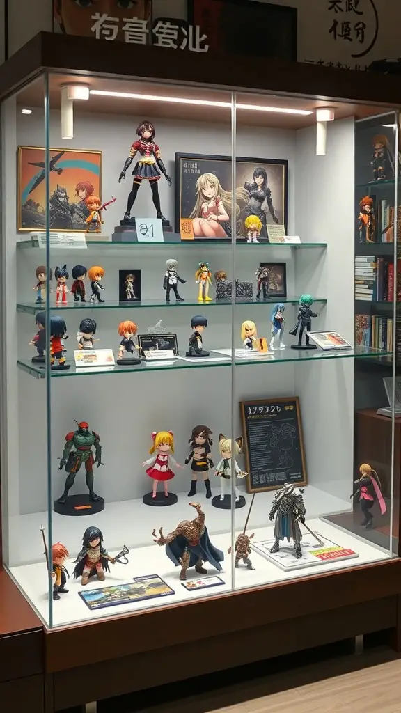A display case showcasing various anime figures and collectibles.