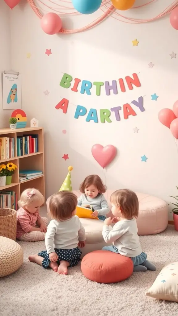 19+ Fun and Creative 1st Birthday Party Ideas for Your Little One 17 A cozy storytime corner for a birthday party with children reading together.
