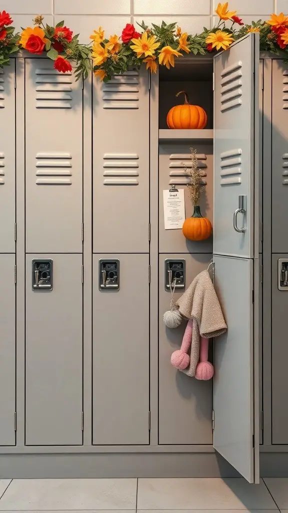 17+ Creative Locker Organization Ideas to Maximize Space 10 A decorated locker with seasonal decor including flowers and pumpkins.