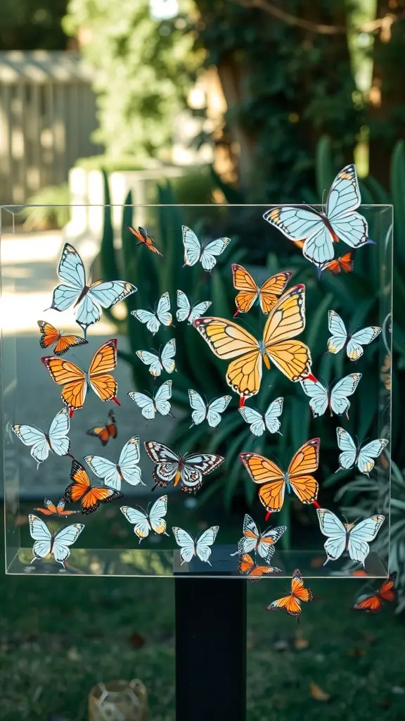 A display of colorful butterfly cutouts arranged on a clear board, perfect for a guest book alternative.