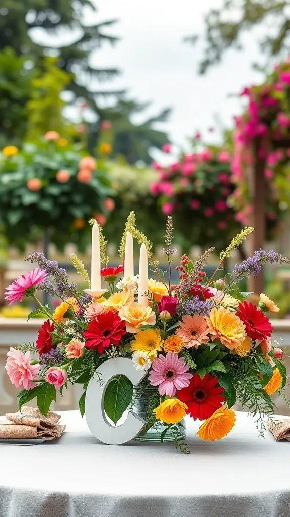 21+ Delightful Wedding Garden Party Ideas to Inspire Your Celebration 3 A colorful floral arrangement with candles and a personalized letter in a garden setting.