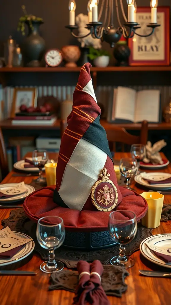 27+ Magical Harry Potter Room Decor Ideas for Every Fan 10 A table set with a Sorting Hat centerpiece, elegant tableware, and candles.