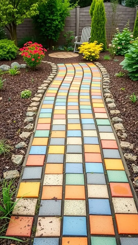 25+ Inspiring Hardscape Backyard Ideas for Your Outdoor Oasis 14 Colorful decorative paver pathway winding through a garden with flowers and greenery.