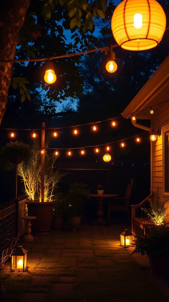 A beautifully lit backyard with string lights, lanterns, and a cozy seating area.