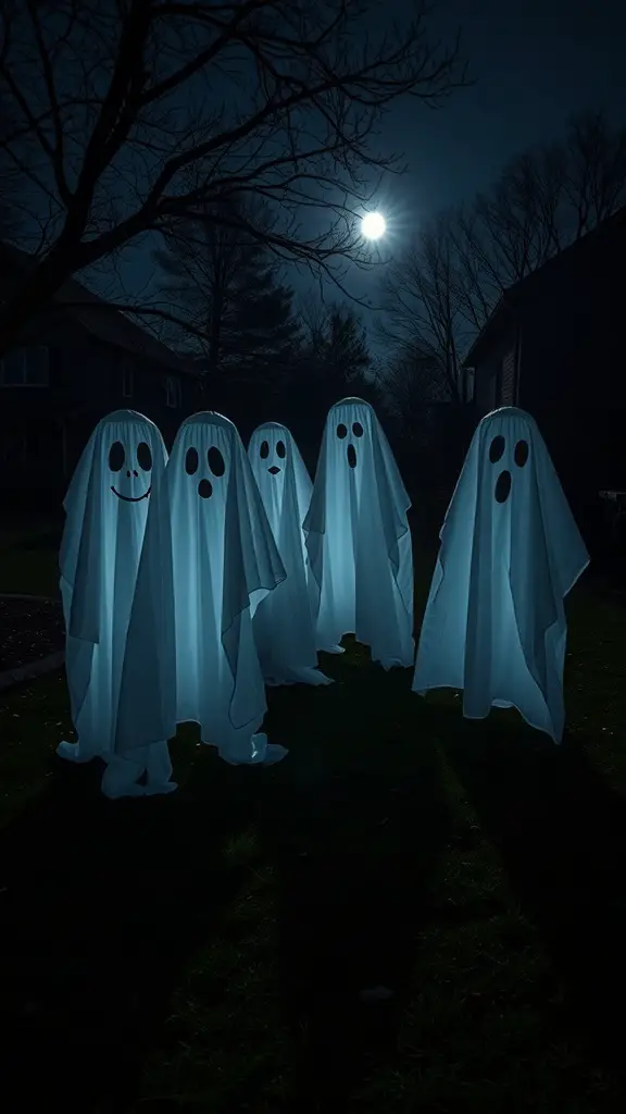 23+ Spooky DIY Outdoor Halloween Decorations to Enchant Your Yard 9 Outdoor Halloween decoration featuring ghostly sheet figures illuminated by moonlight.