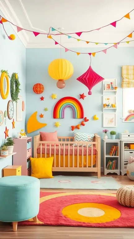 27+ Whimsical Baby Nursery Ideas for a Dreamy Space 9 A colorful baby nursery featuring a rainbow mural, bright decor, and cozy crib.