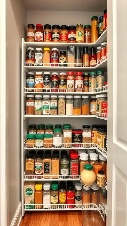 A well-organized tiered spice rack in a pantry, showcasing various spice jars on multiple shelves.