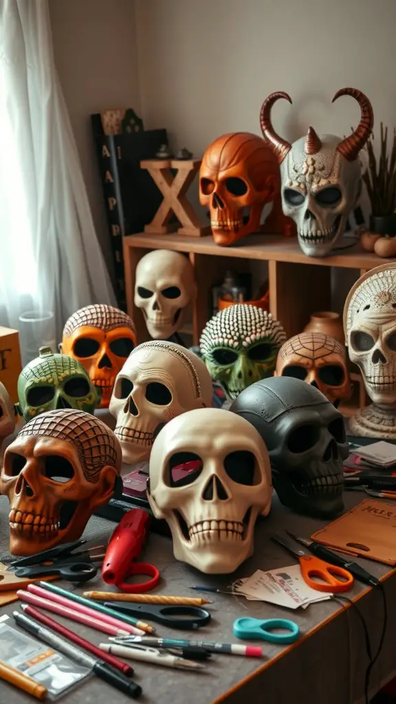 21+ Spooky and Creative Halloween Crafts for Adults 9 A collection of colorful skull masks on a table with crafting supplies.