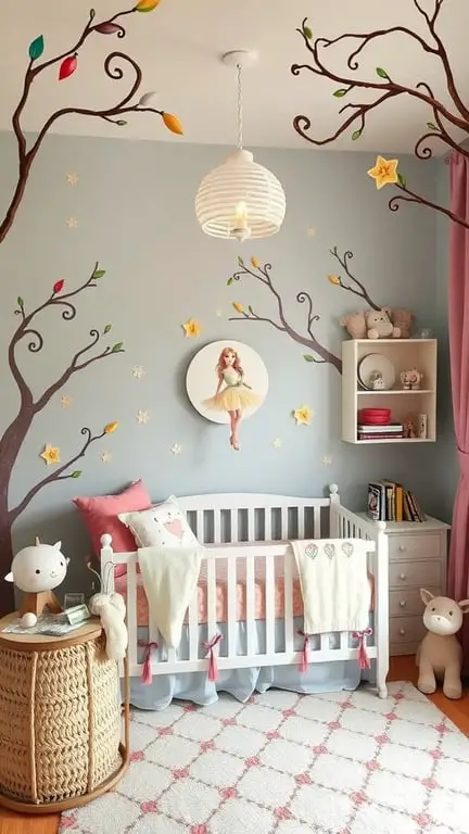 25+ Adorable Newborn Room Ideas to Inspire Your Nursery Design 5 A whimsical fairy tale themed nursery with tree branch wall art, a cozy crib, and playful decor.