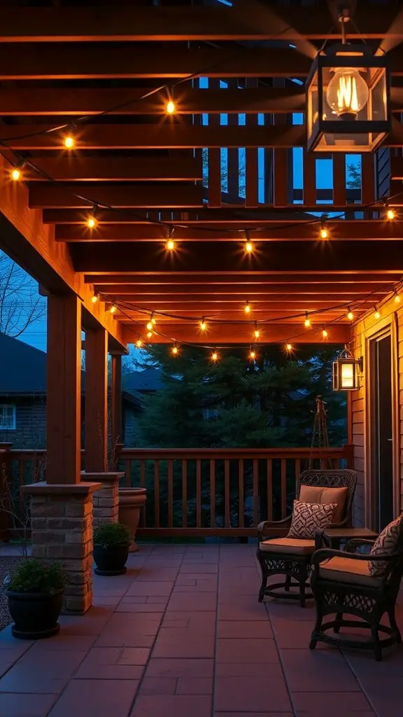 19+ Stunning Decks with Patios Underneath for Your Outdoor Oasis 10 Cozy under-deck patio with string lights and a lantern, creating a warm atmosphere.