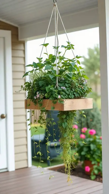 21+ Creative Pallet Garden Ideas You Need to Try 5 A hanging pallet garden filled with lush green plants and flowers, suspended from a ceiling.