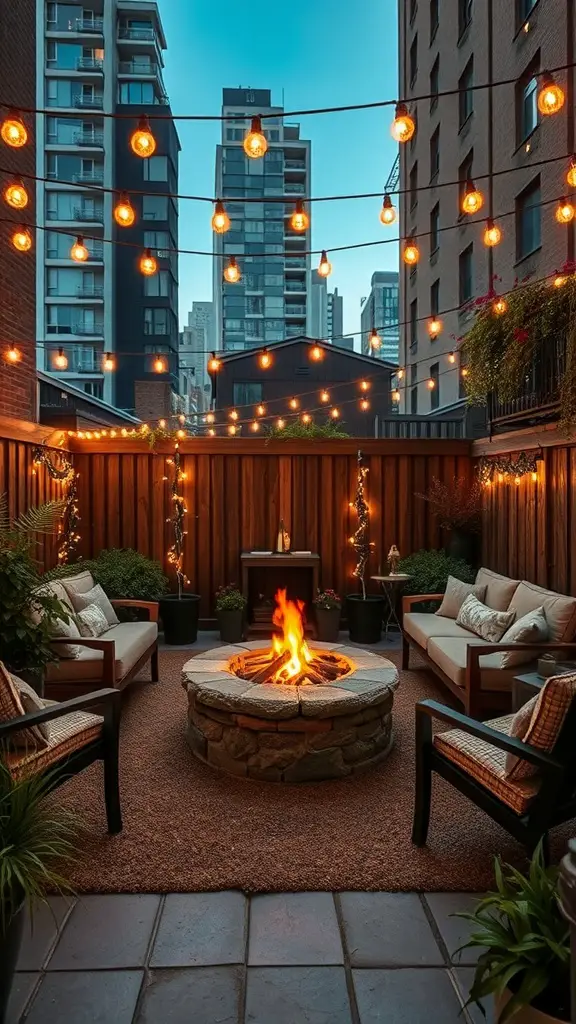 23+ Creative Small City Backyard Ideas for Your Outdoor Space 7 Cozy fire pit area with seating and string lights in a small city backyard